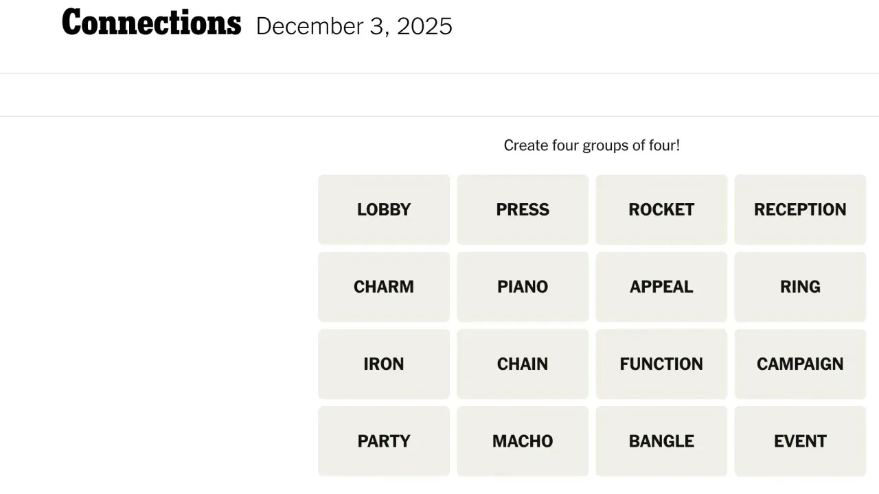 NYT 'Connections' Clues and Solutions for Today, Wednesday, December 3