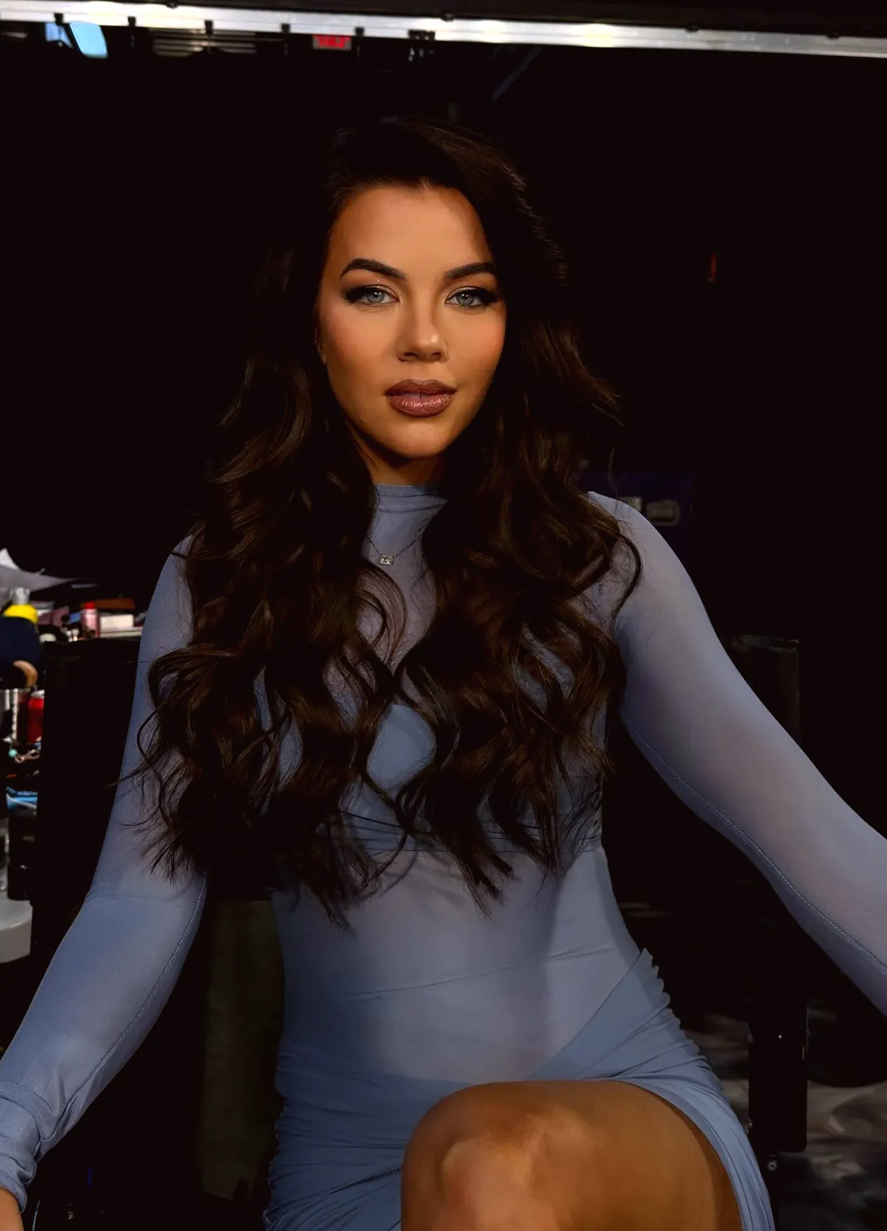 Jackie Redmond Shows Off Her Toned Stomach Backstage in See-Through, Form-Fitting Ice-Blue Mesh Dress